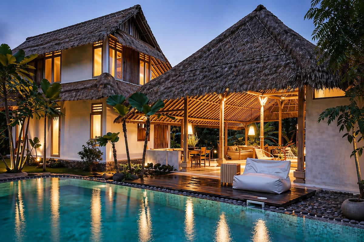 A quiet composition of thatch, teak, and light. Lotus in the background of our shared pool